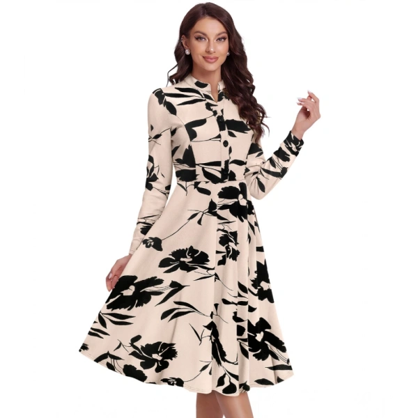 Women's Knitting Printed V-Neck Full Sleeve Dresses (Cream) - XL