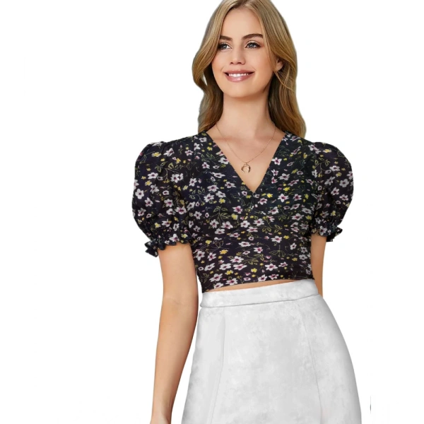 Women's Knitting Printed V-Neck Puff Sleeve Tops (Black) - M