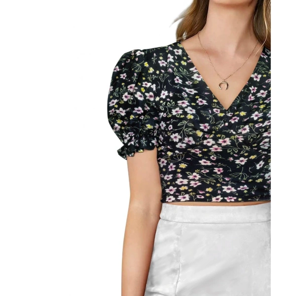 Women's Knitting Printed V-Neck Puff Sleeve Tops (Black) - M