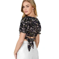 Women's Knitting Printed V-Neck Puff Sleeve Tops (Black) - M