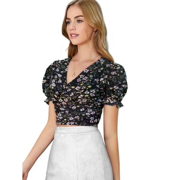 Women's Knitting Printed V-Neck Puff Sleeve Tops (Black) - M