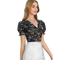 Women's Knitting Printed V-Neck Puff Sleeve Tops (Black) - M