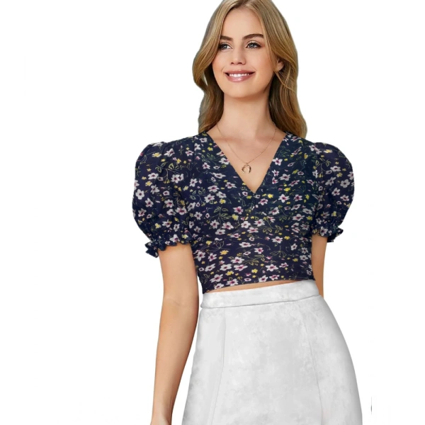 Women's Knitting Printed V-Neck Puff Sleeve Tops (Nevy Blue) - M
