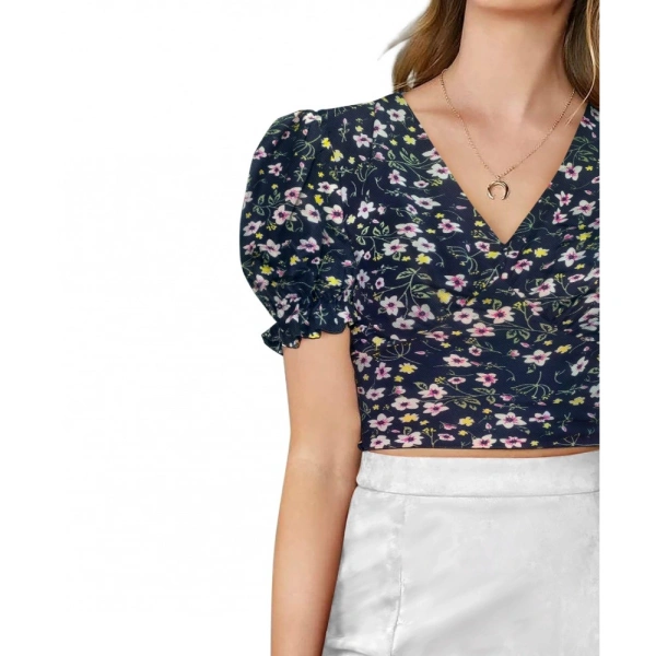 Women's Knitting Printed V-Neck Puff Sleeve Tops (Nevy Blue) - M