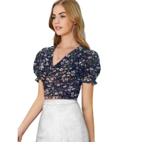 Women's Knitting Printed V-Neck Puff Sleeve Tops (Nevy Blue) - M