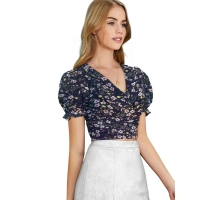 Women's Knitting Printed V-Neck Puff Sleeve Tops (Nevy Blue) - M