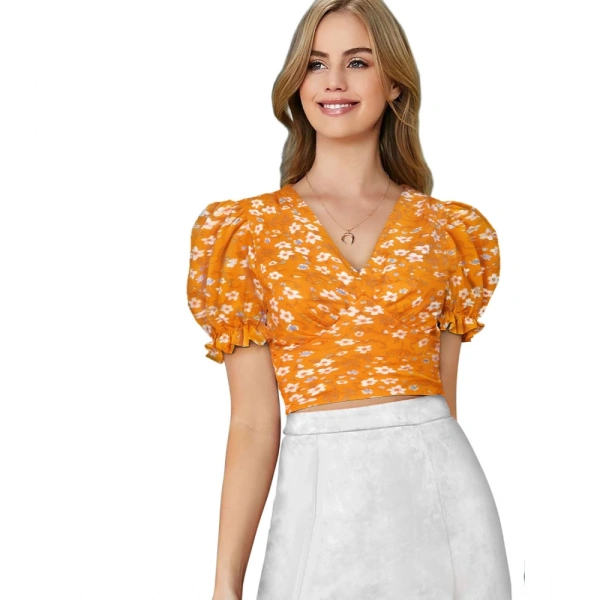 Women's Knitting Printed V-Neck Puff Sleeve Tops (Yellow) - L