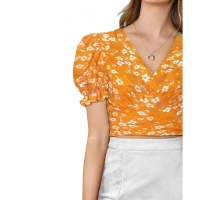 Women's Knitting Printed V-Neck Puff Sleeve Tops (Yellow) - L