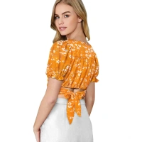 Women's Knitting Printed V-Neck Puff Sleeve Tops (Yellow) - L