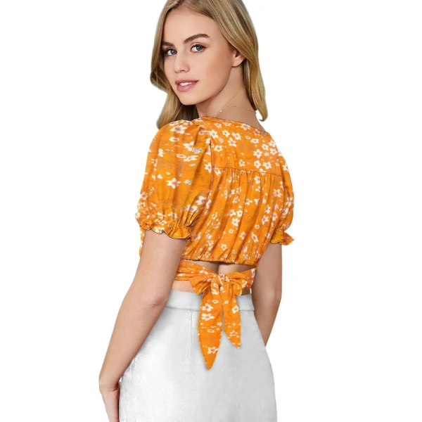 Women's Knitting Printed V-Neck Puff Sleeve Tops (Yellow) - L