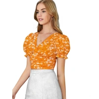 Women's Knitting Printed V-Neck Puff Sleeve Tops (Yellow) - L