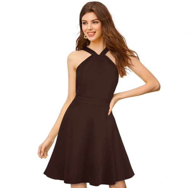 Women's Knitting strachable Solid Halter Neck Sleeveless Dresses (Coffee) - S