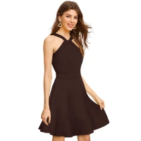 Women's Knitting strachable Solid Halter Neck Sleeveless Dresses (Coffee) - S