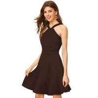 Women's Knitting strachable Solid Halter Neck Sleeveless Dresses (Coffee) - S