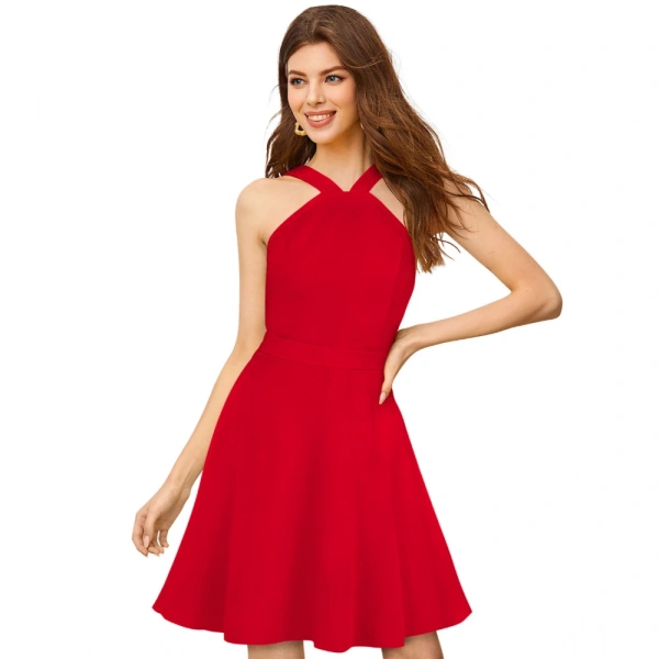 Women's Knitting strachable Solid Halter Neck Sleeveless Dresses (Red ) - S