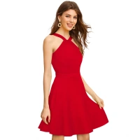 Women's Knitting strachable Solid Halter Neck Sleeveless Dresses (Red ) - S
