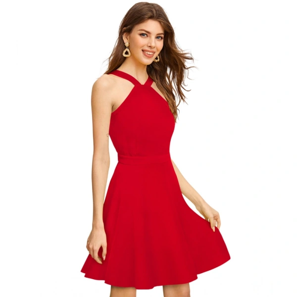 Women's Knitting strachable Solid Halter Neck Sleeveless Dresses (Red ) - S