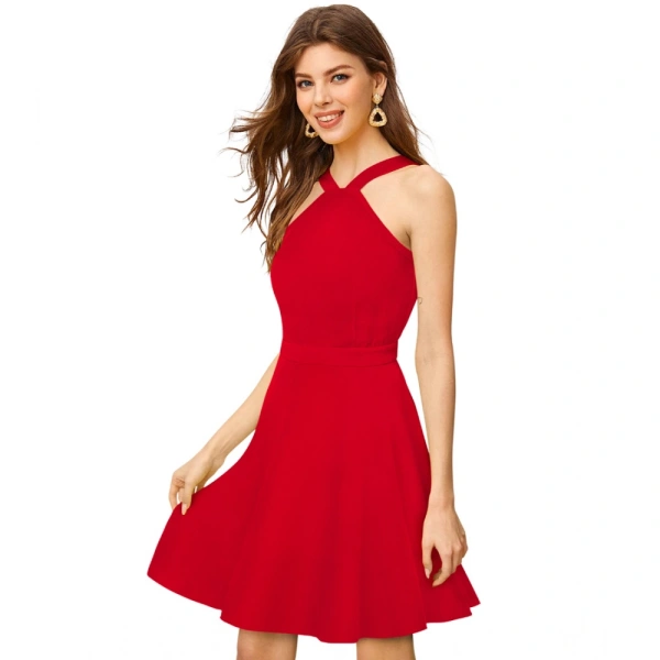 Women's Knitting strachable Solid Halter Neck Sleeveless Dresses (Red ) - S