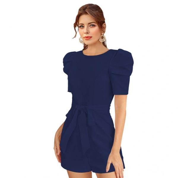 Women's Knitting strachable Solid Round Neck 3-4 Puff Sleeve Dresses (Blue) - XL
