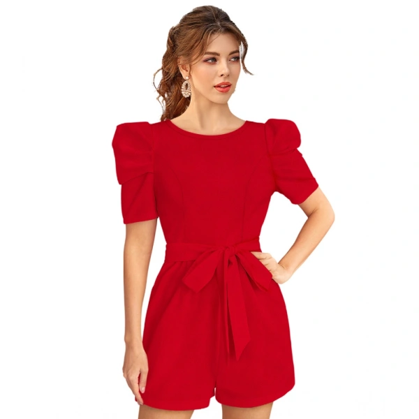 Women's Knitting strachable Solid Round Neck 3-4 Puff Sleeve Dresses (Red ) - M