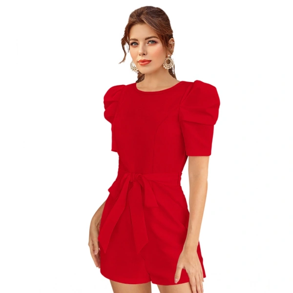 Women's Knitting strachable Solid Round Neck 3-4 Puff Sleeve Dresses (Red ) - M