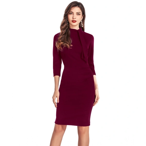 Women's Knitting strachable Solid Round Neck 3-4th Dresses (Maroon) - M