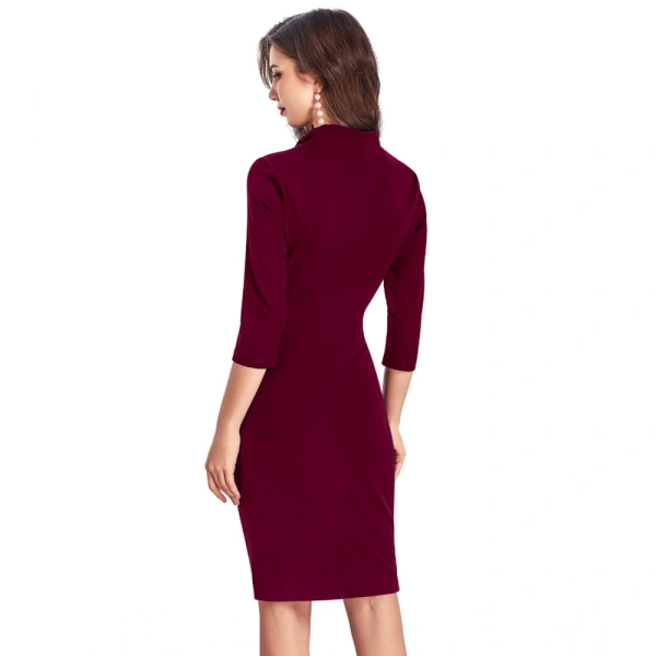 Women's Knitting strachable Solid Round Neck 3-4th Dresses (Maroon) - M