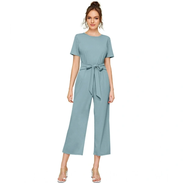 Women's Knitting strachable Solid Round Neck Cap Sleeve Jumpsuit (Pista ) - S