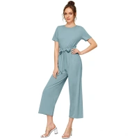Women's Knitting strachable Solid Round Neck Cap Sleeve Jumpsuit (Pista ) - S
