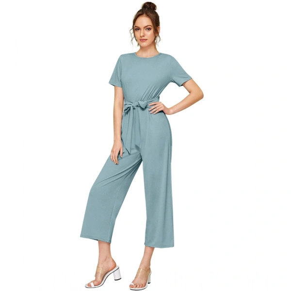 Women's Knitting strachable Solid Round Neck Cap Sleeve Jumpsuit (Pista ) - S