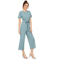 Women's Knitting strachable Solid Round Neck Cap Sleeve Jumpsuit (Pista ) - S