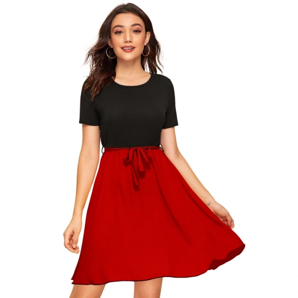 Women's Knitting strachable Solid Round Neck Cap Sleeve Dresses (Red) - XL