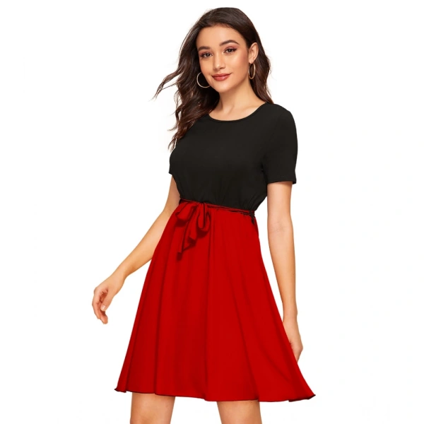 Women's Knitting strachable Solid Round Neck Cap Sleeve Dresses (Red) - XL