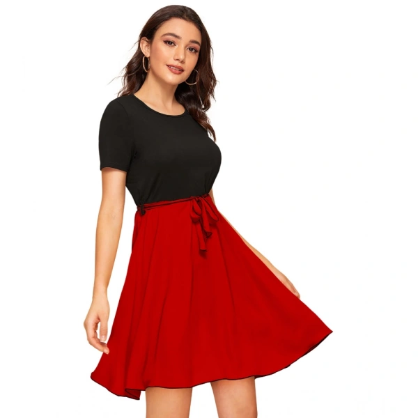 Women's Knitting strachable Solid Round Neck Cap Sleeve Dresses (Red) - XL