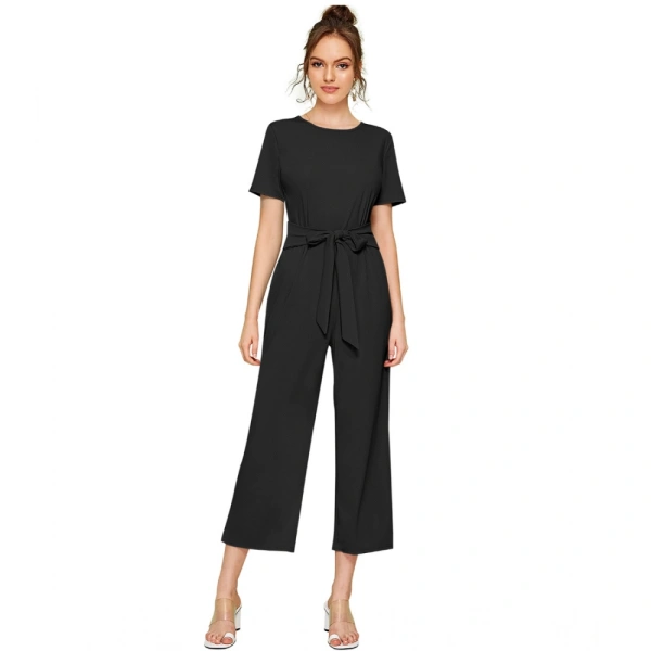 Women's Knitting strachable Solid Round Neck Cap Sleeve Jumpsuit (Black) - L
