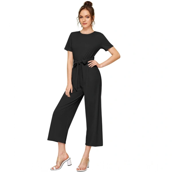 Women's Knitting strachable Solid Round Neck Cap Sleeve Jumpsuit (Black) - L