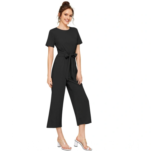 Women's Knitting strachable Solid Round Neck Cap Sleeve Jumpsuit (Black) - L