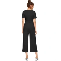 Women's Knitting strachable Solid Round Neck Cap Sleeve Jumpsuit (Black) - L