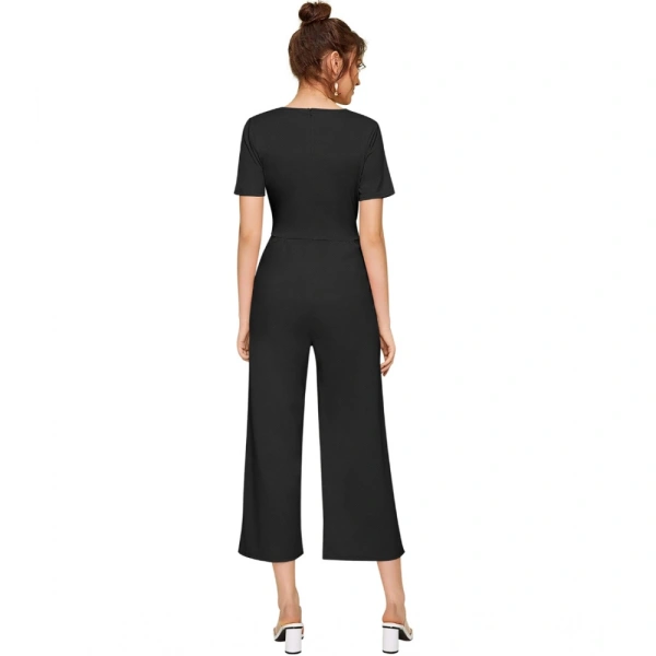 Women's Knitting strachable Solid Round Neck Cap Sleeve Jumpsuit (Black) - L