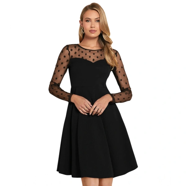 Women's Knitting strachable Solid Round Neck Full Sleeve Dresses (Black) - L