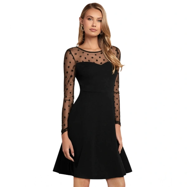 Women's Knitting strachable Solid Round Neck Full Sleeve Dresses (Black) - L