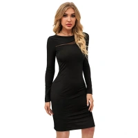 Women's Knitting strachable Solid Round Neck Full Sleeve Dresses (Black) - L