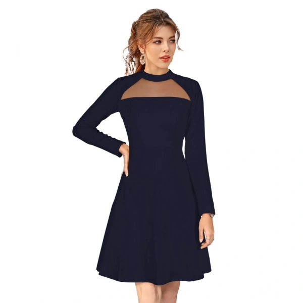 Women's Knitting strachable Solid Round Neck Full Sleeve Dresses (Blue) - XL