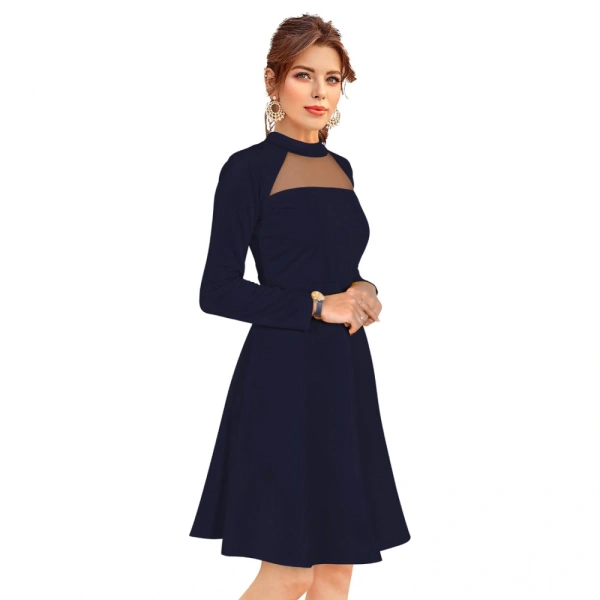 Women's Knitting strachable Solid Round Neck Full Sleeve Dresses (Blue) - XL