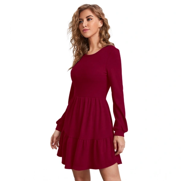 Women's Knitting strachable Solid Round Neck Full Sleeve Dresses (Maroon) - XL
