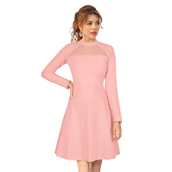 Women's Knitting strachable Solid Round Neck Full Sleeve Dresses (Peach) - S