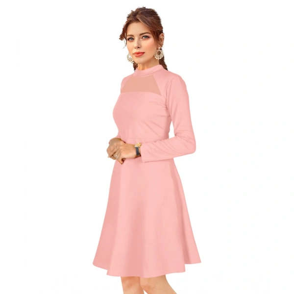 Women's Knitting strachable Solid Round Neck Full Sleeve Dresses (Peach) - S