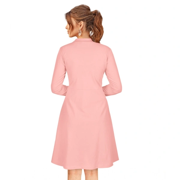 Women's Knitting strachable Solid Round Neck Full Sleeve Dresses (Peach) - S