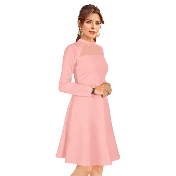 Women's Knitting strachable Solid Round Neck Full Sleeve Dresses (Peach) - S