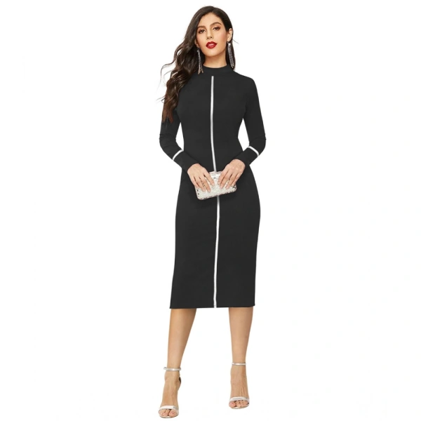 Women's Knitting strachable Solid Round Neck Full Sleeve Dresses (Black) - L